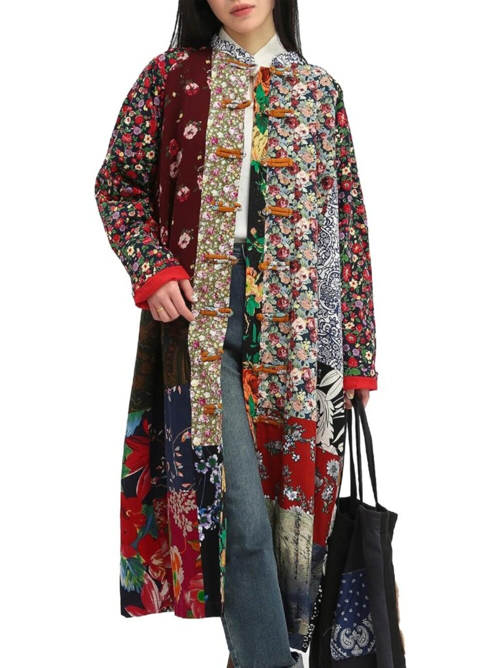 Cotton Linen Printed Long Jacket, Unique Patchwork, Cottagecore Casual